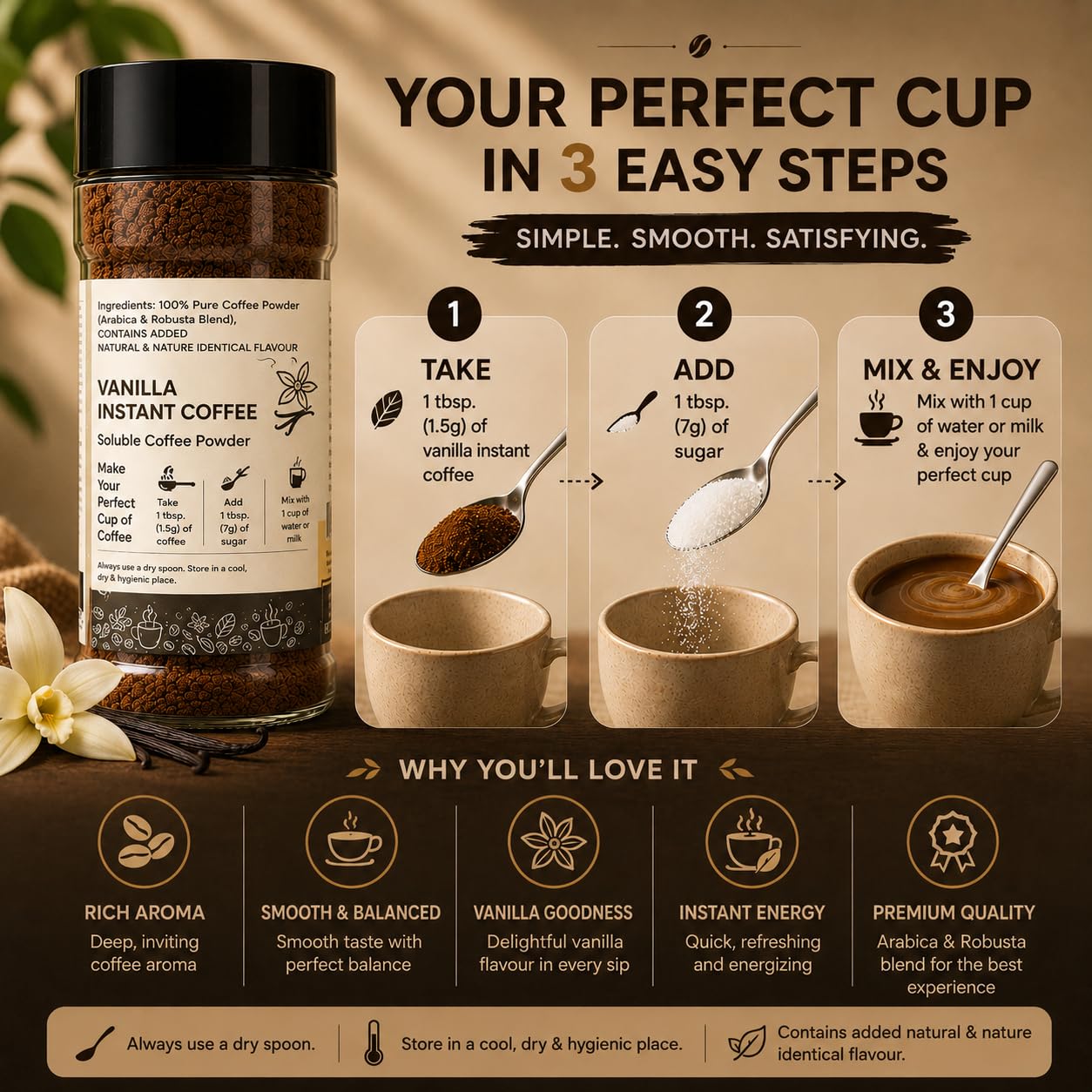 EVORA Greens 100gm Instant Coffee Powder | Vanilla Flavour | Coffee with Arabica & Robusta Blend - Medium Roast | Make Café Style Hot or Cold Coffee, black Coffee, Cappuccino, Latte at Home | Make 50 Cups