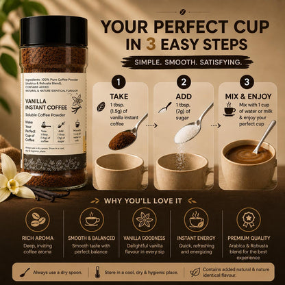 EVORA Greens 100gm Instant Coffee Powder | Vanilla Flavour | Coffee with Arabica & Robusta Blend - Medium Roast | Make Café Style Hot or Cold Coffee, black Coffee, Cappuccino, Latte at Home | Make 50 Cups