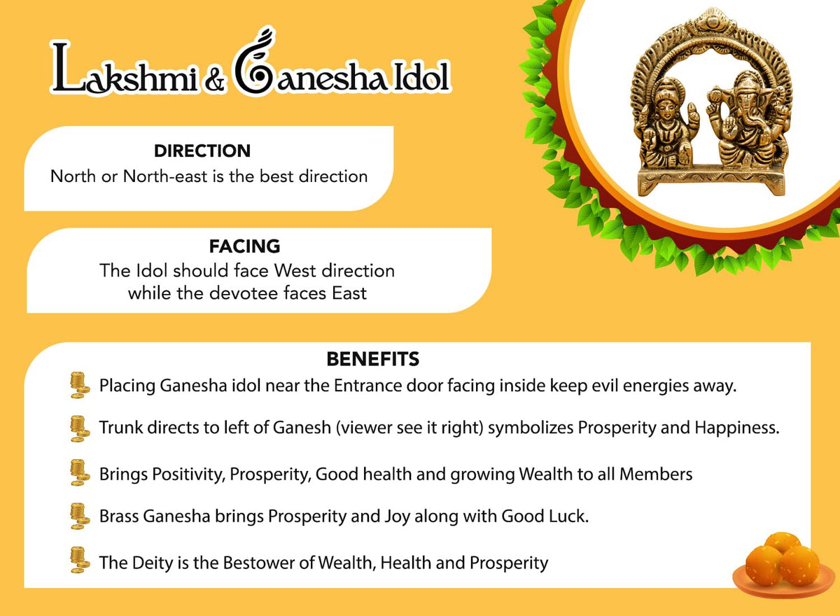 100% Pure Brass Laxmi Ganesh Murti (Size: 8 cm) | Lakshmi Ganesh Idol for Diwali Puja, Study Table, Pooja Room & Home Decor | Statue of laxmi Ganesha for Diwali Gift | Pital Ganpati Lakshmi