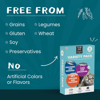 Goofy Tails Wet Cat Food and Kitten Food Variety Pack 210g (70g X 3 Pouches), Tuna and Anchovies, Mackerel and Seaweed, Chicken and Flaxseeds, Preservative Free, Wholesome, Natural Cat Wet Food