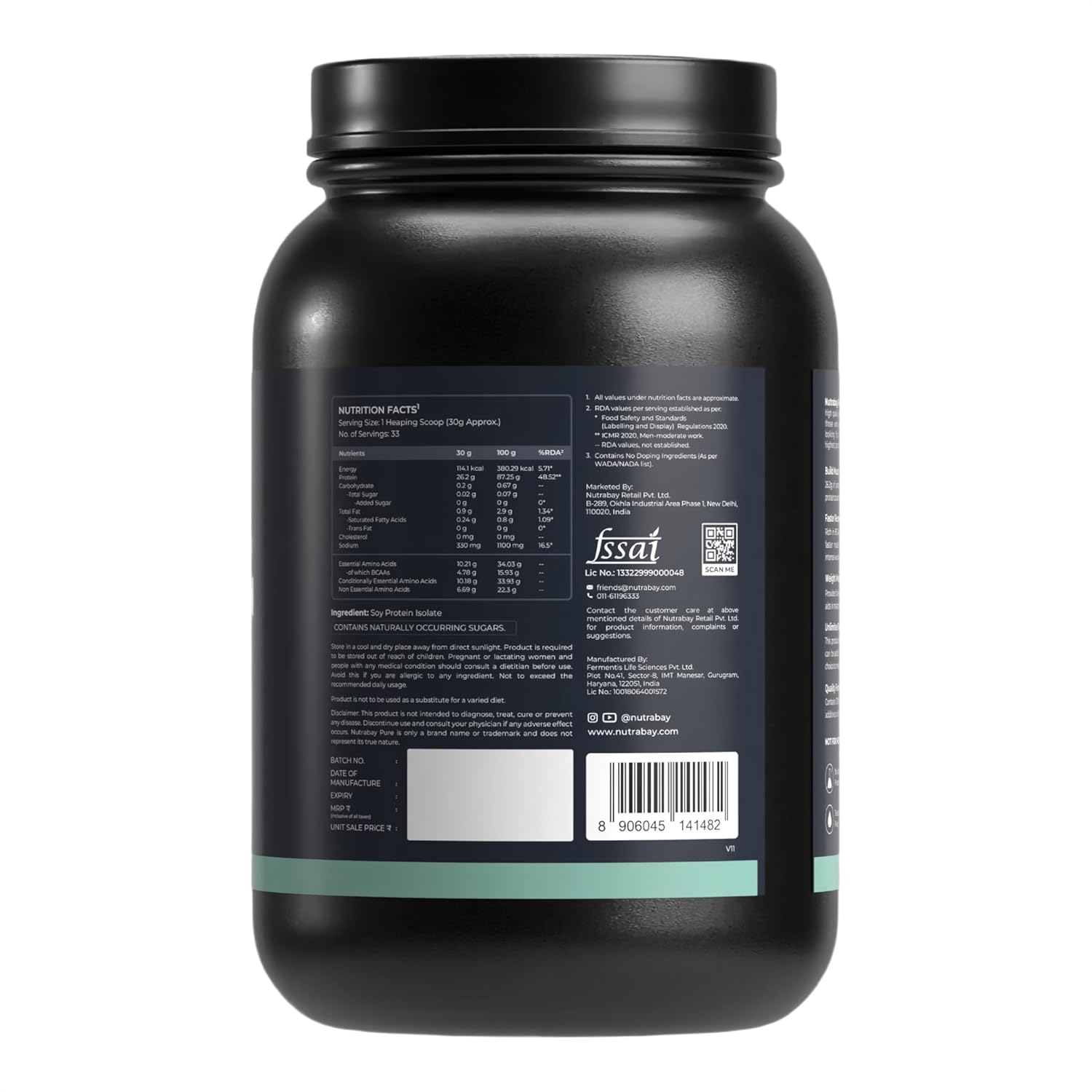 Black supplement container with label on a white background