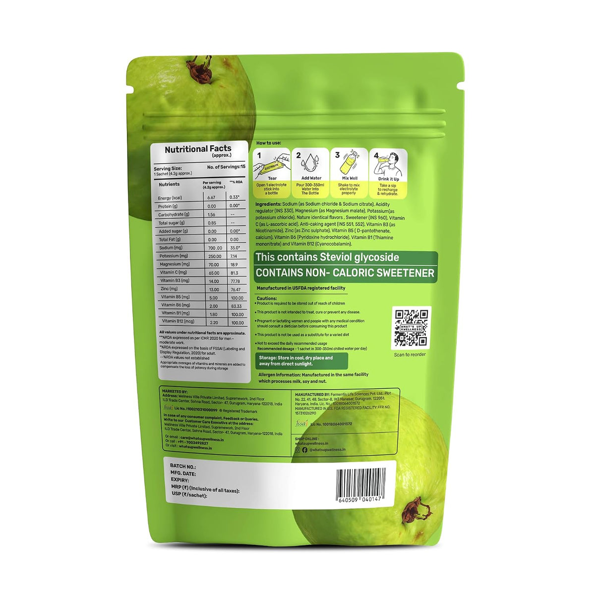 What's Up Wellness Daily Electrolytes Powder - Juicy Guava Flavour | Zero Added Sugar | Instant Hydration - Sodium, Potassium, Magnesium & Zinc | Vegan | 15 Sachets