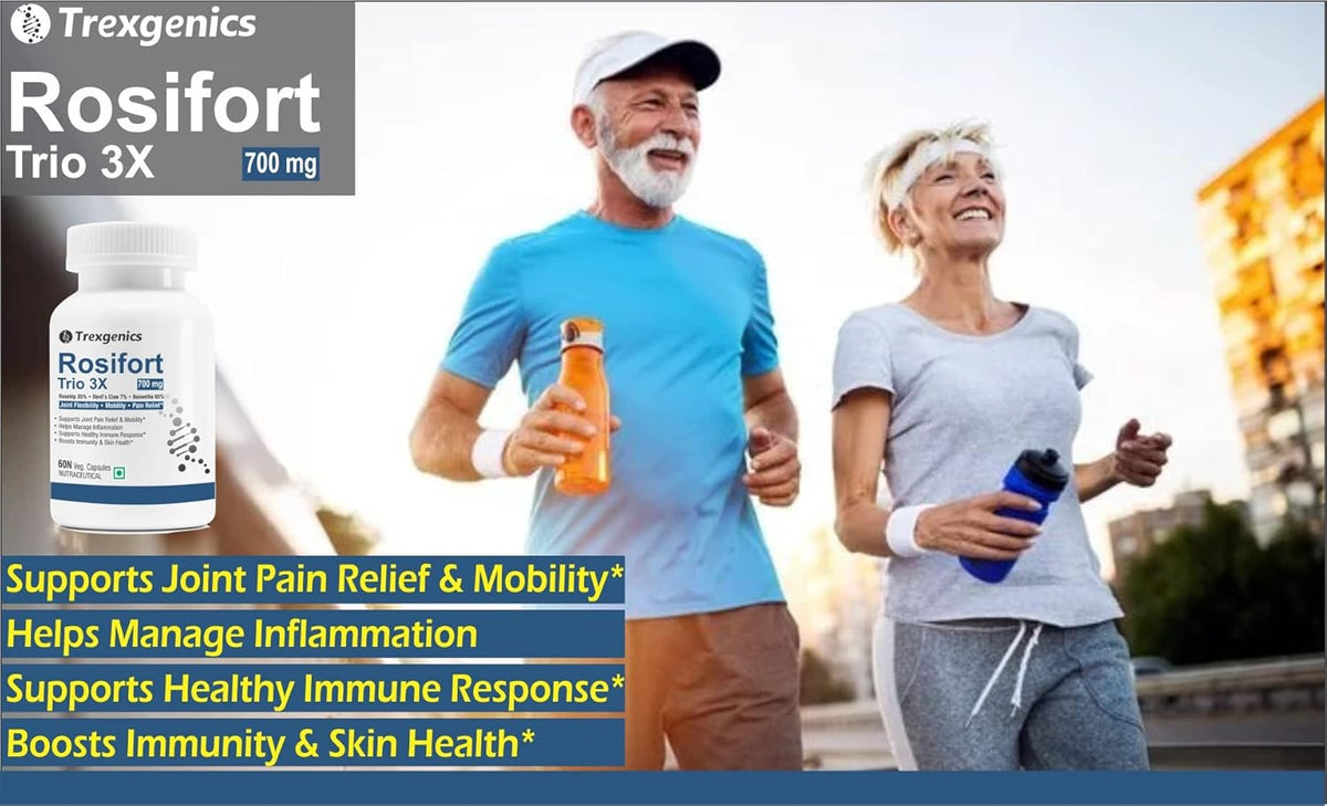 Advertisement for Trexegenics Rosifort Trio 3X showing a man and woman exercising outdoors.
