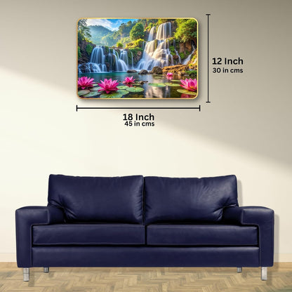 Lotus Waterfall Wall Painting for Living Room | Vastu Positive Energy Wall Decor | Premium UV Printed Nature Scenery Artwork for Home, Bedroom, Office Decoration | Waterproof & Fade Resistant Ready to Hang (Style-04, 12x18 inch)