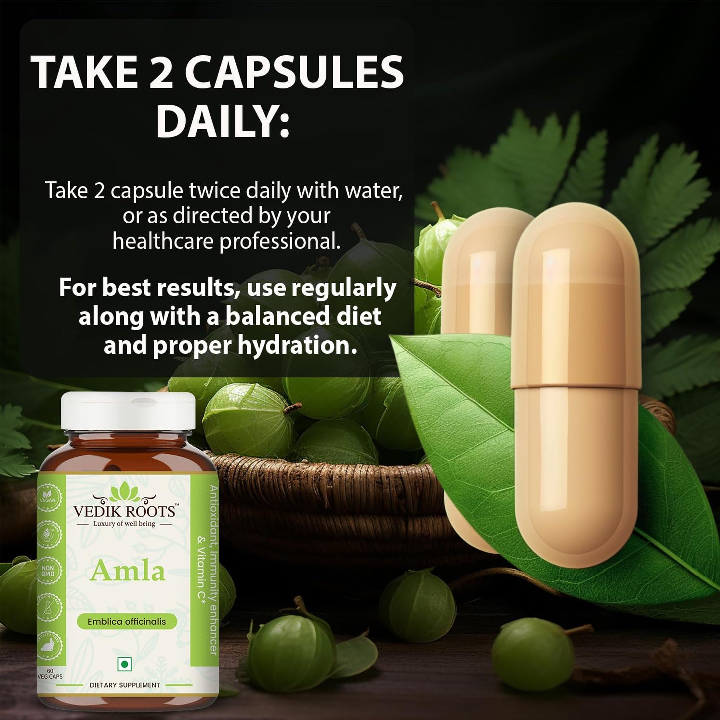 Amla Capsules 60_ Organic Hair Growth & Vitamin C Herbal Supplement Antioxidant Immunity Enhancer Natural Source of Vitamin C (Pack of 1)