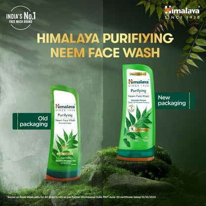 Himalaya Purifying Neem Face Wash with old and new packaging on a natural background