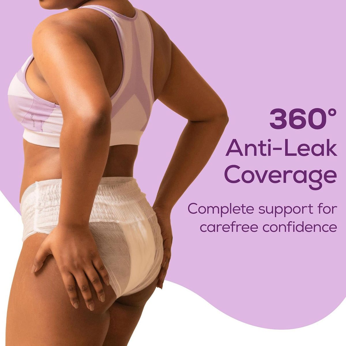 Person wearing a diaper with '360° Anti-Leak Coverage' text on a purple background