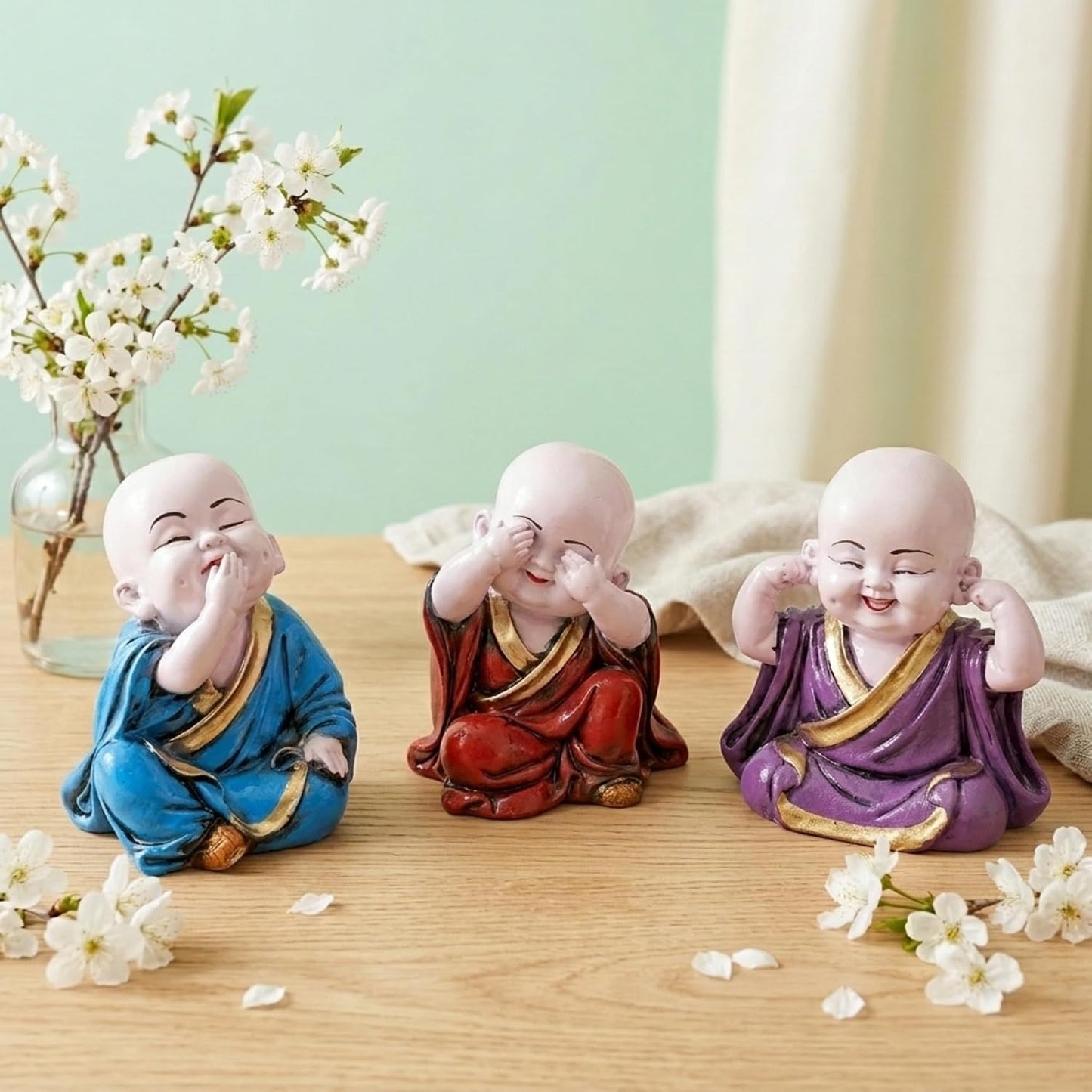 eCraftIndia Resin Blue, Red & Purple Think No Evil, Speak No Evil, Hear No Evil Set of 3 Cute Little Monk Buddha Statues Decorative Showpieces for Car Dashboard, Home & Office Decor