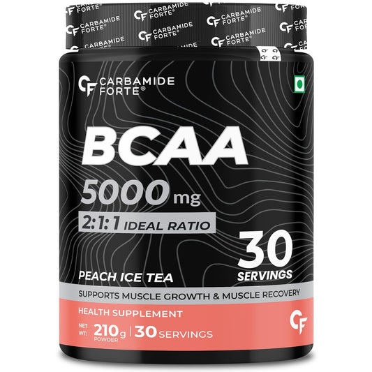 Carbamide Forte BCAA Powder 5000mg | 2:1:1 Ratio BCAA Supplement for Men & Women | Muscle Recovery & Growth | Pre & Intra Workout | Peach Ice Tea Flavour – 210g