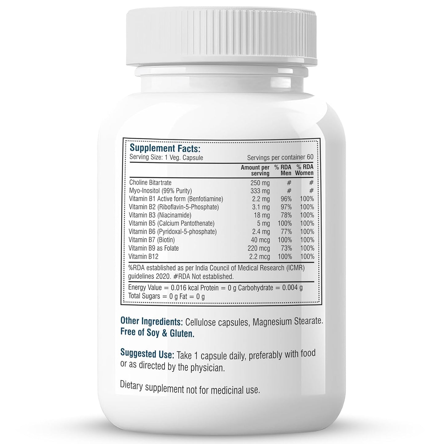 Biotrex Nutraceuticals Inositol and Choline With Vitamin B Complex (B1, B2, B3, B5, B6, B7, B9 & B12) | High Purity Nutrients | Brain & Nerve Function | Better Motor Signal | Lab Tested | 60 Veg Capsules