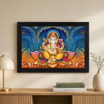 Wood Xtore Lotus Ganesha Art Framed Religious Painting, Ready to Hang (12inch x 18 inch, Multicolor)