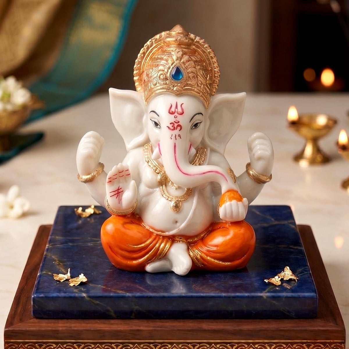 Ganesha Idol for Car Dashboard Ganesha Murti Ganpati Idol Home Decor Puja Lord Ganesh Statue Gift for Office for Office Desk Puja Room Figurine (Orange and Cream 2.5 inches)