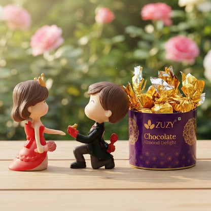 eCraftIndia Cute Couple Statue Boy Proposing Girl Miniature Showpiece Zuzy Almond Chocolates Gift Box | Valentine Gift For Girlfriend Boyfriend Husband Wife Her Him