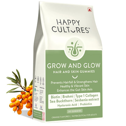 Happy Cultures Grow and Glow Gummies for Hair Growth, Skin Glow, Strong Nails Contains Biotin, Probiotics, Hyaluronic acid, Collagen, No Added Sugar - Orange Flavor, 30 Gummies (Pack of 1)