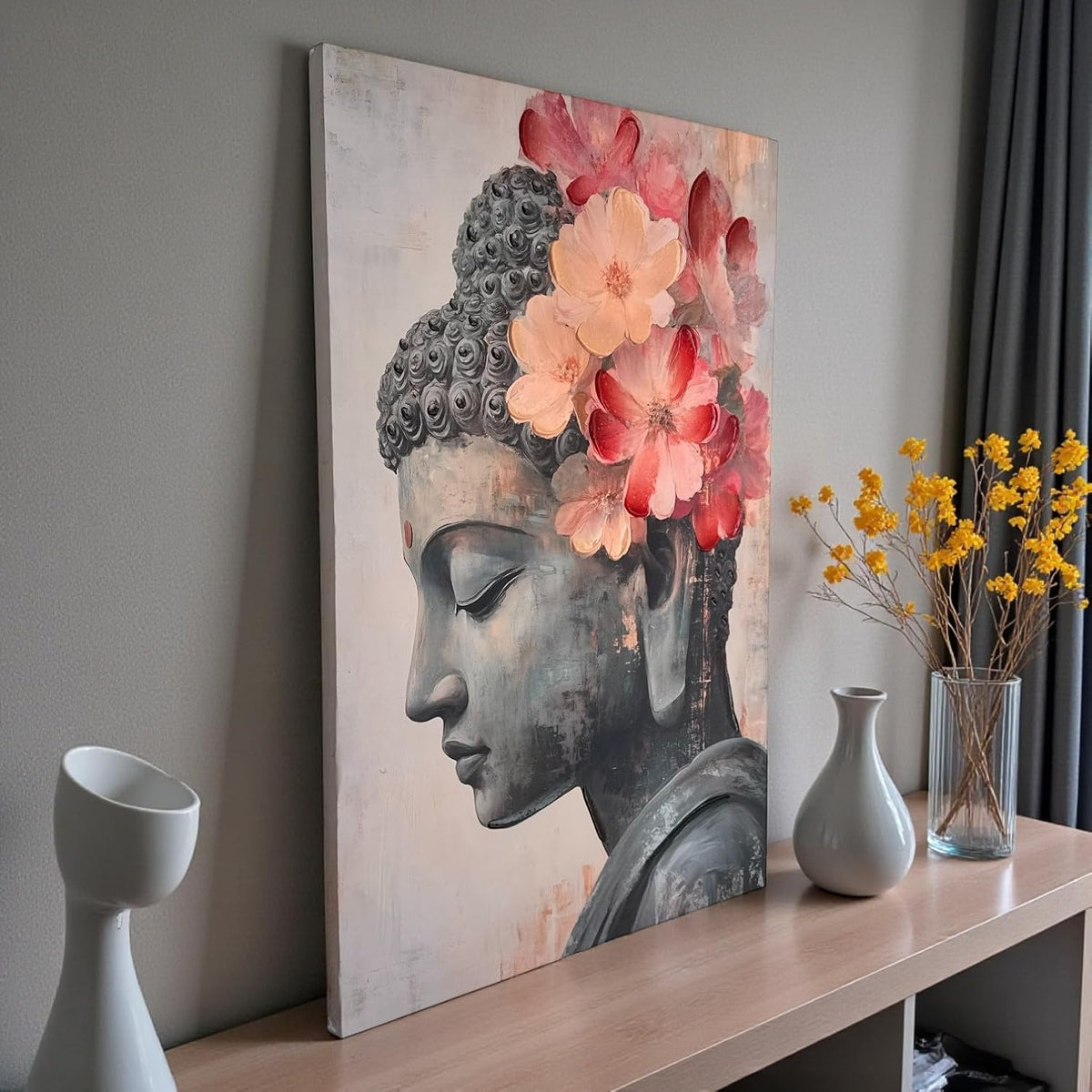 Stretched Canvas 3D Buddha Wall Art Textured Painting, Stretched Canvas Cherry Blossom Zen Spiritual Artwork Hand-Painted Tranquil Meditation Room Decor, Japanese Giclée Print 61x91 cm