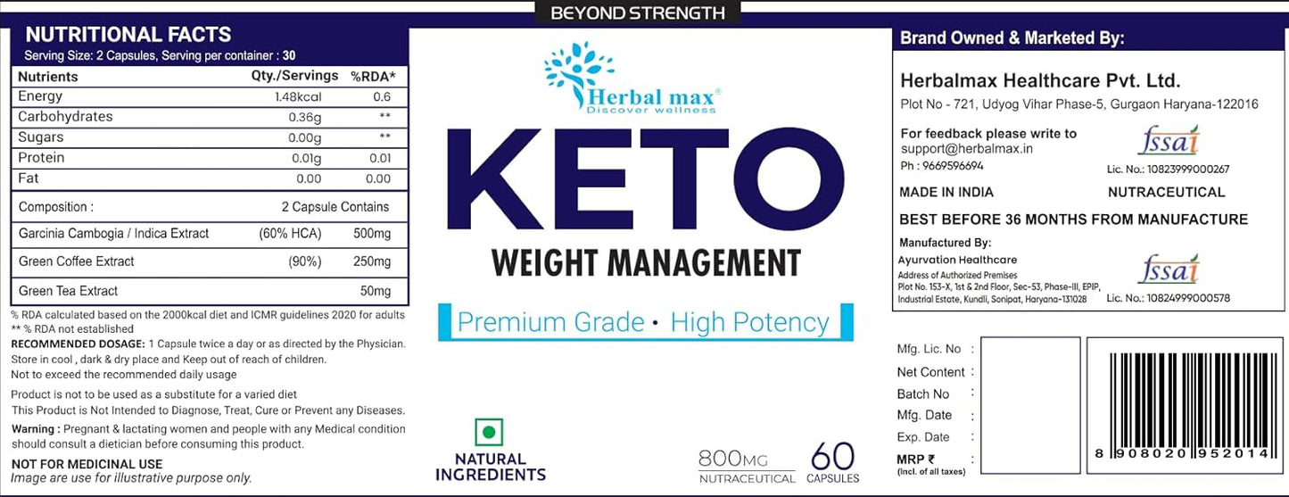 Herbal Max Keto Advanced Weight Management – 800mg | 60 Capsules | With Green Tea, Garcinia Cambogia & Green Coffee Extract | Supports Fat Burn & Metabolism | For Men & Women