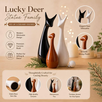 Home Decor Lucky Deer Statue Family Ceramic Figures - (Set of 3, Black,Brown,White)