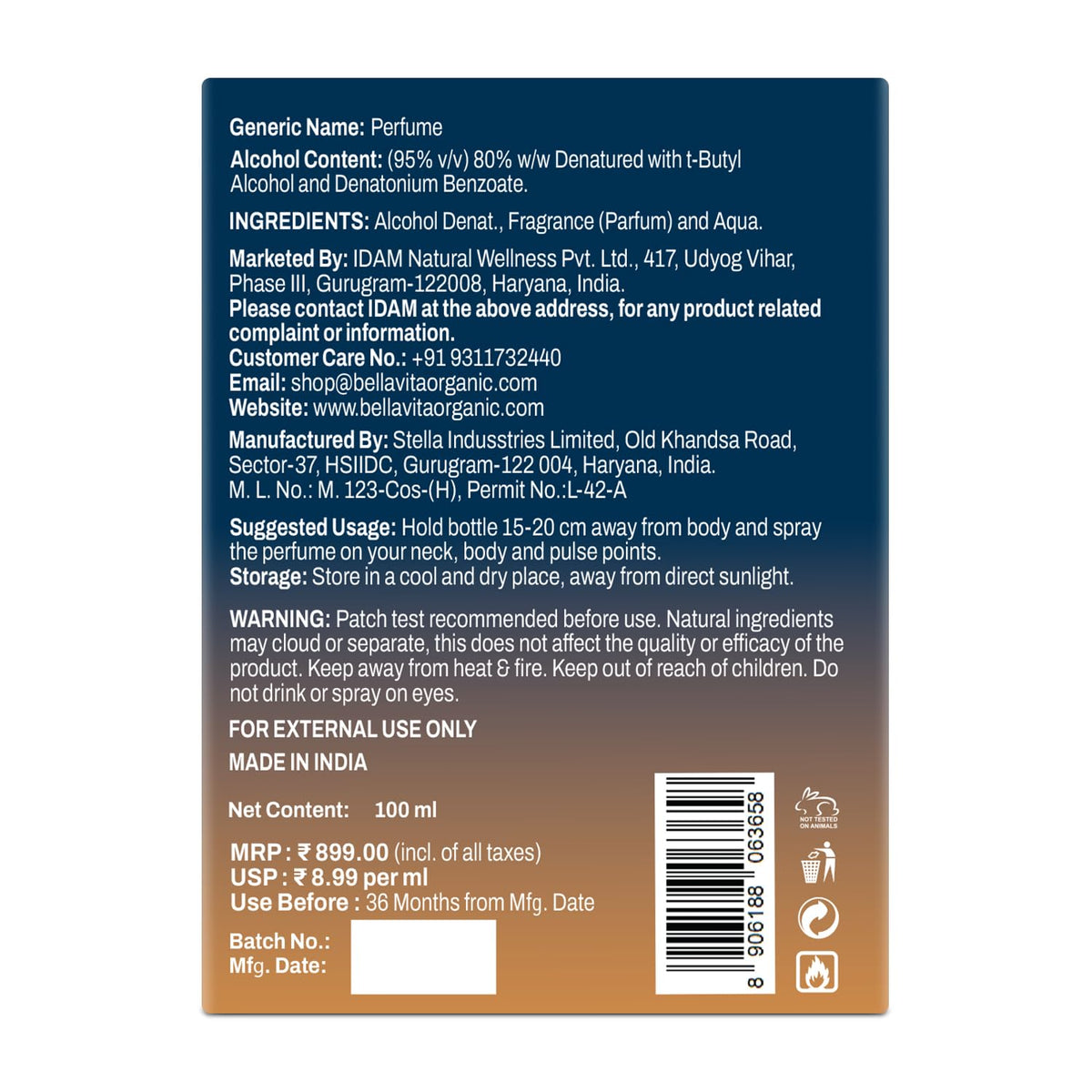 Back label of a perfume bottle with text and a barcode on a white background
