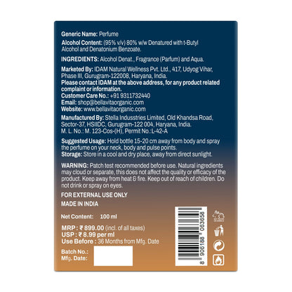 Back label of a perfume bottle with text and a barcode on a white background