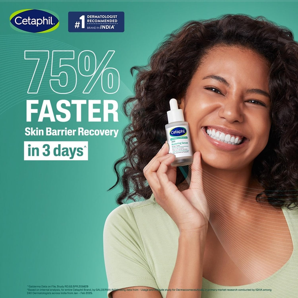 Woman holding a Cetaphil bottle with text about skin barrier recovery on a teal background