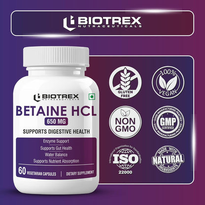 Biotrex Nutraceuticals Betaine HCL 650mg with Pepsin | Enzyme Support | Gut Health | Water Balance | Supports Nutrient Absorption & Reduces Fat | 60 Veg Capsules