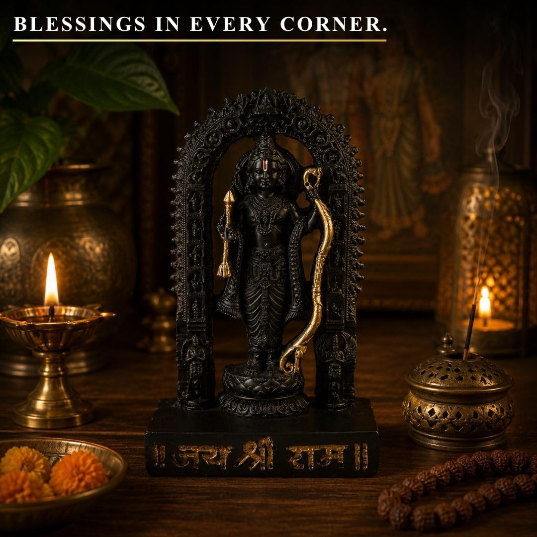 6.5 Inch Lord Ram Idol with Decorative Arch | Black Finish Ram Murti for Home Temple, Mandir, Pooja Room & Office Desk | Spiritual Showpiece for Worship, Festive Décor & Gifting