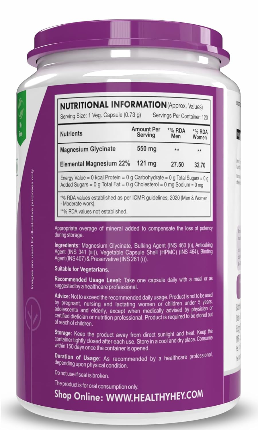 HealthyHey Nutrition Magnesium Glycinate Supplement High Absorption for Sleep, Cramps, & Nerves Health -120 Vegetable Capsules