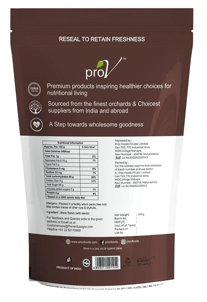 ProV Premium Black Raisins with Seed | Crunchy Center Kismis | Rich in Iron, Fiber & Antioxidants | Healthy Natural Dry Fruit | 250g