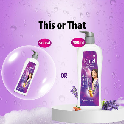 Vivel Fragrant Body Wash, Lavender & Almond Oil Shower Gel, 450 ml Pump Bottle, Moisturizing Bodywash For Soft & Smooth Skin, Effective Cleansing, For Women & Men