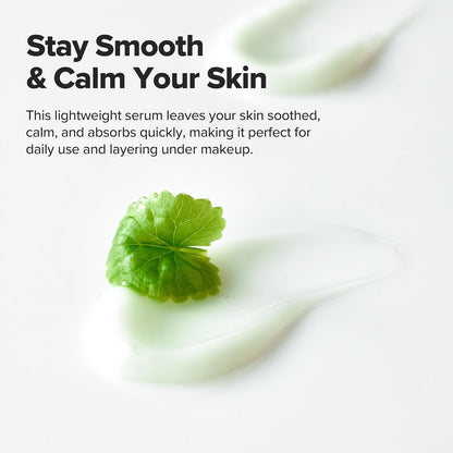 Serum bottle with a green leaf on a white background, promoting skin care.