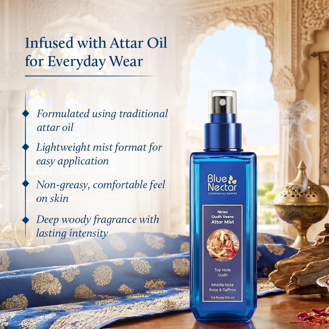 Blue Nectar Niraa Oudh Veera Attar Mist | Perfume Mist for Men & Women | Long-Lasting Oudh Attar with Rose & Saffron | Woody Body Mist Spray | Travel-Friendly (100 ml)