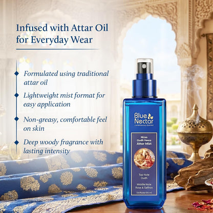 Blue Nectar Niraa Oudh Veera Attar Mist | Perfume Mist for Men & Women | Long-Lasting Oudh Attar with Rose & Saffron | Woody Body Mist Spray | Travel-Friendly (100 ml)