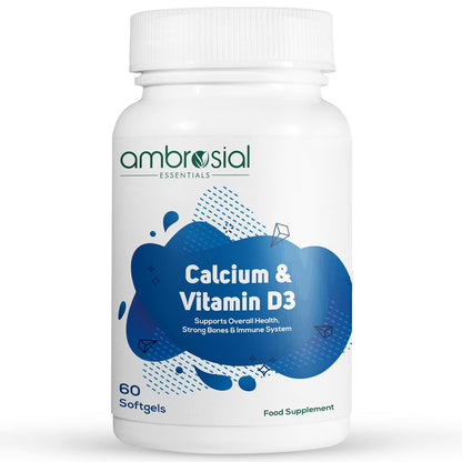 Supplement bottle labeled 'Calcium & Vitamin D3' by ambrosial on a white background