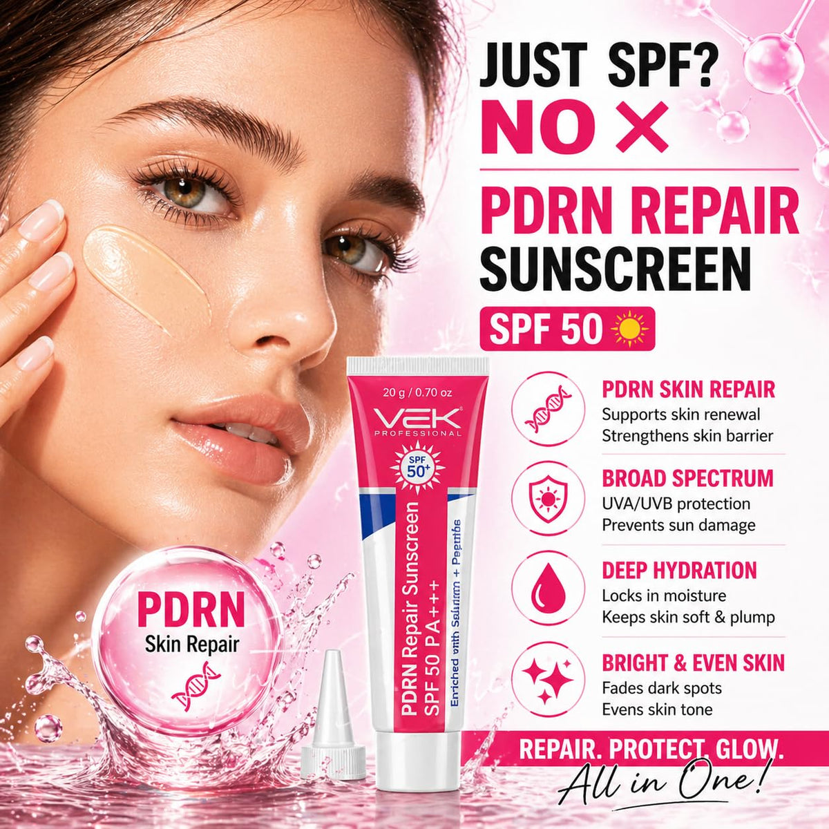 PDRN Repair Sunscreen SPF 50 with a woman applying sunscreen on her face, set against a pink background.