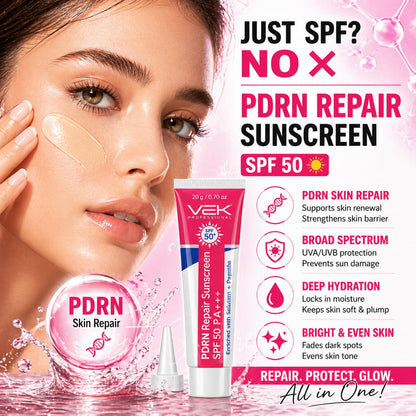 PDRN Repair Sunscreen SPF 50 with a woman applying sunscreen on her face, set against a pink background.