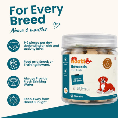 Nootie Calcium Milk Bone Supplement Dog Treats 220gms Supports Strong Gums & Jaws | Helps Maintain Clean Teeth | 100% Digestible & Safe-Milk Flavour