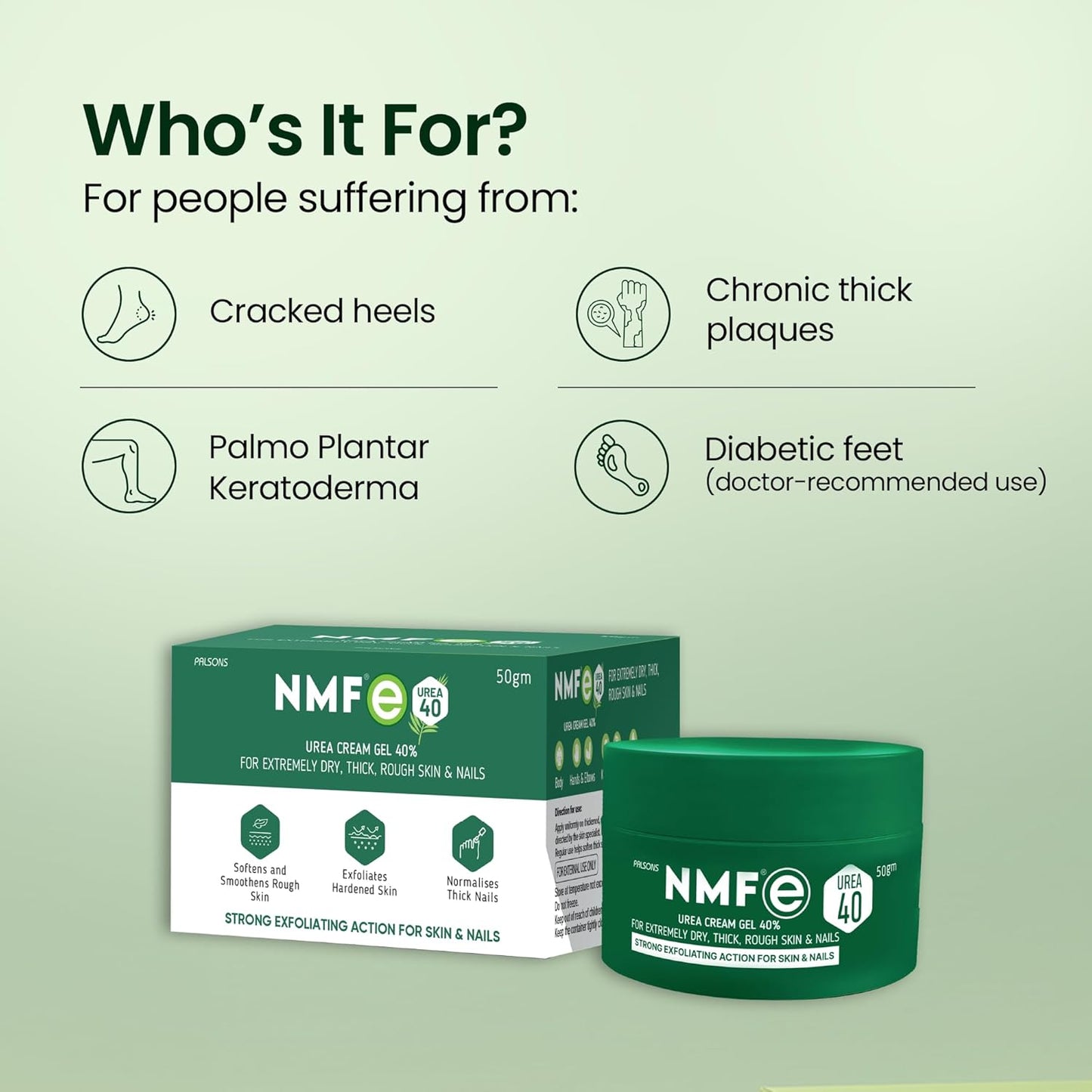 NMFe Urea 40% Cream for Cracked Heels & Thick Skin With Lactic Acid, Aloe Vera and Vitamin E | Intensive Keratolytic Gel Cream for Hyperkeratosis, Rough Patches & Diabetic Feet | 50 GM