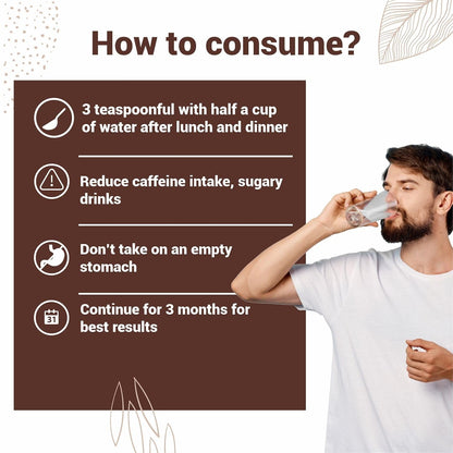 Man drinking water with consumption instructions on a brown background