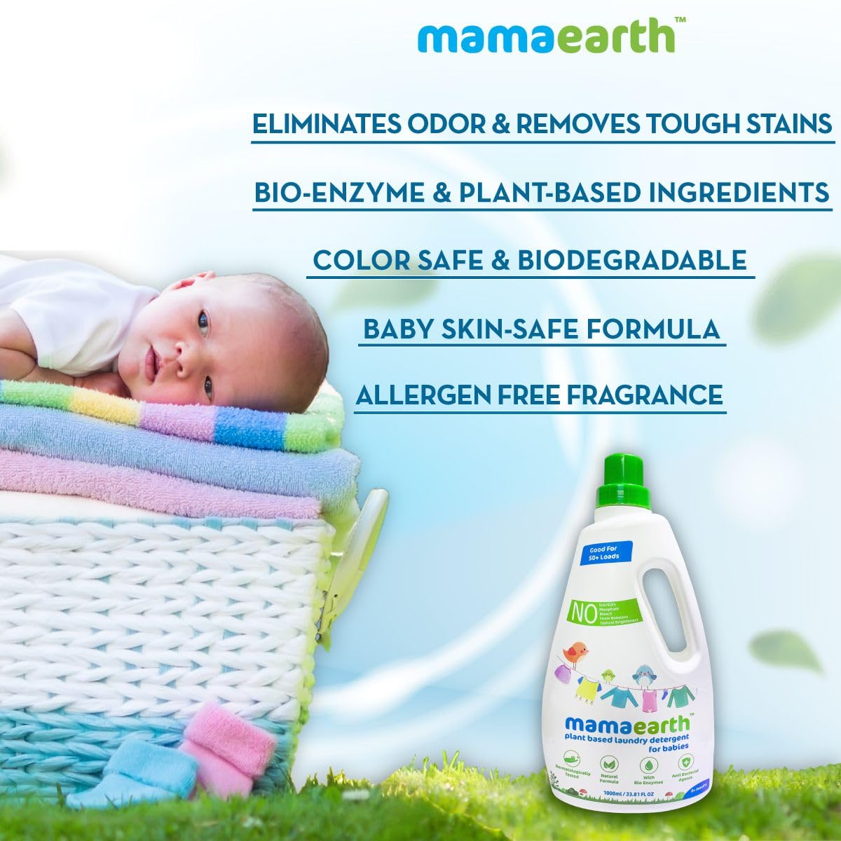 Mamaearth Plant Based Laundry Detergent For Babies - 1 L | Infused with Neem Extract and Lime Citrus Acid | Liquid Formula, Removes Tough Stains, Eliminates Odor