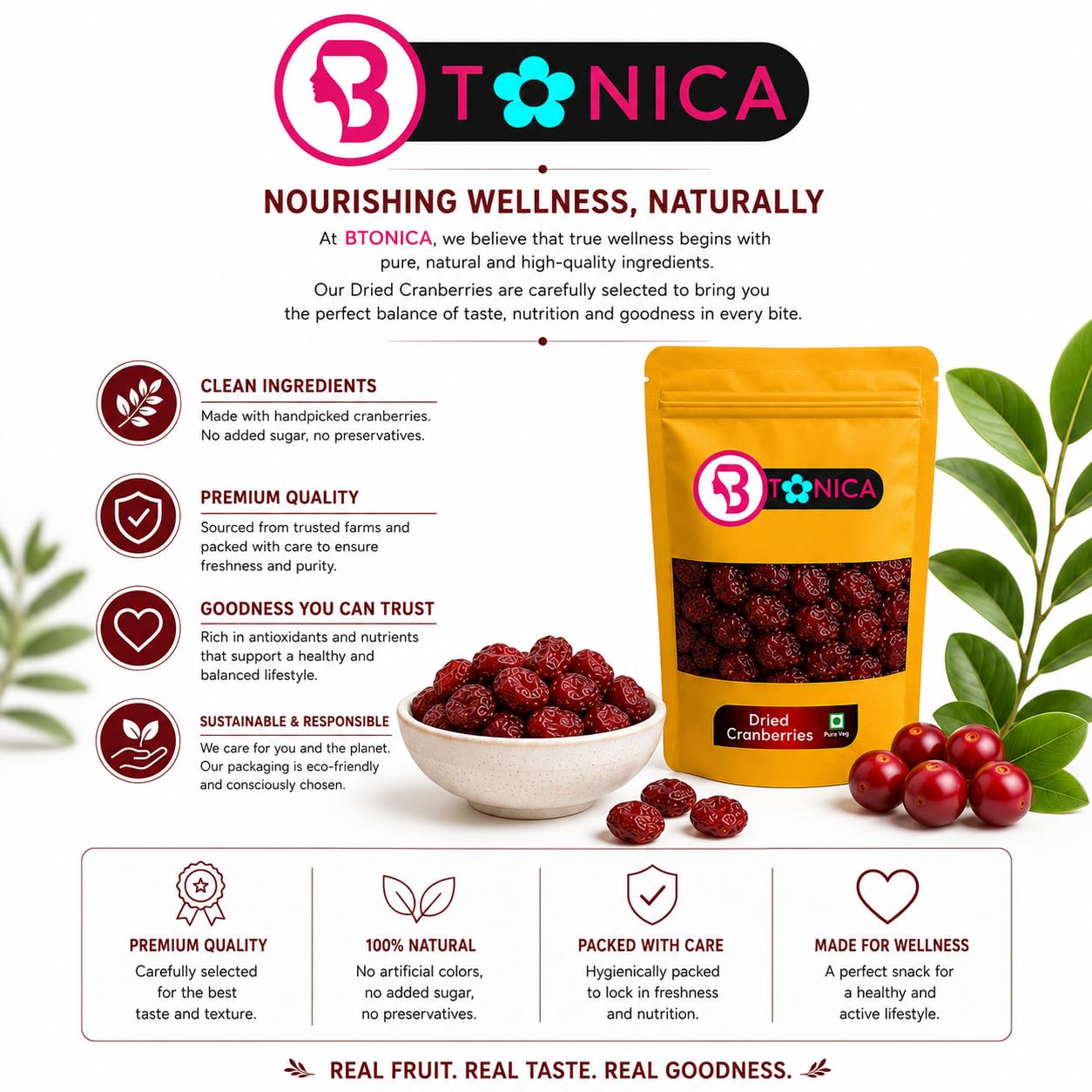 Btonica Unsweetened Cranberries – Non-Sugar Coated Whole Dried Berries | No Added Sugar, No Preservatives