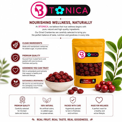 Btonica Unsweetened Cranberries – Non-Sugar Coated Whole Dried Berries | No Added Sugar, No Preservatives