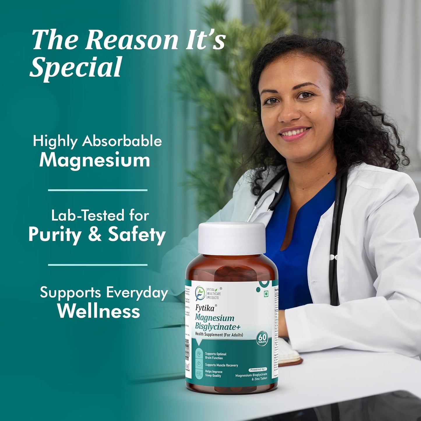 FYTIKA Magnesium Bisglycinate + | High Absorption Chelated Form| For Better Sleep, Stress Management, Muscle Recovery & Enhanced Workout | With Magnesium glycinate(as Bisglycinate) & Zinc | For Men & Women (PACK OF 1 – 60 TABS)