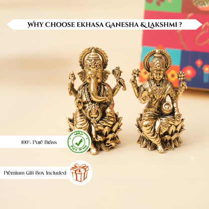 100% Pure Brass Lakshmi Ganesh Idol with Gift Box | Pital Murti for Pooja Room Decor Office Desk | Religious Housewarming Grah Pravesh Diwali Wedding Gift for Couple