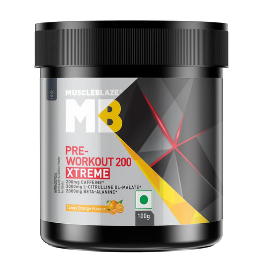 MuscleBlaze Pre Workout 200 Xtreme (Tangy Orange, 15 Servings, 100g) | 200mg Caffeine, 200mg Theanine, 2000mg Beta Alanine, 3000mg Citrulline