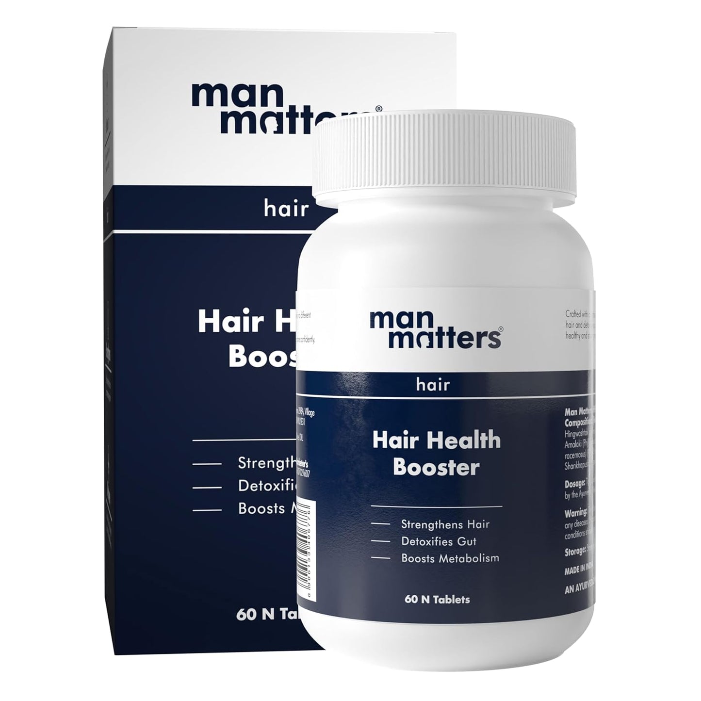Man Matters Hair Health Booster Tablets | Strengthens Hair, Helps Improve Hair Health, Detoxifies the Gut | Amla, Bhringaraj, Shatavari & Shankhapushpi | 60 Tablets