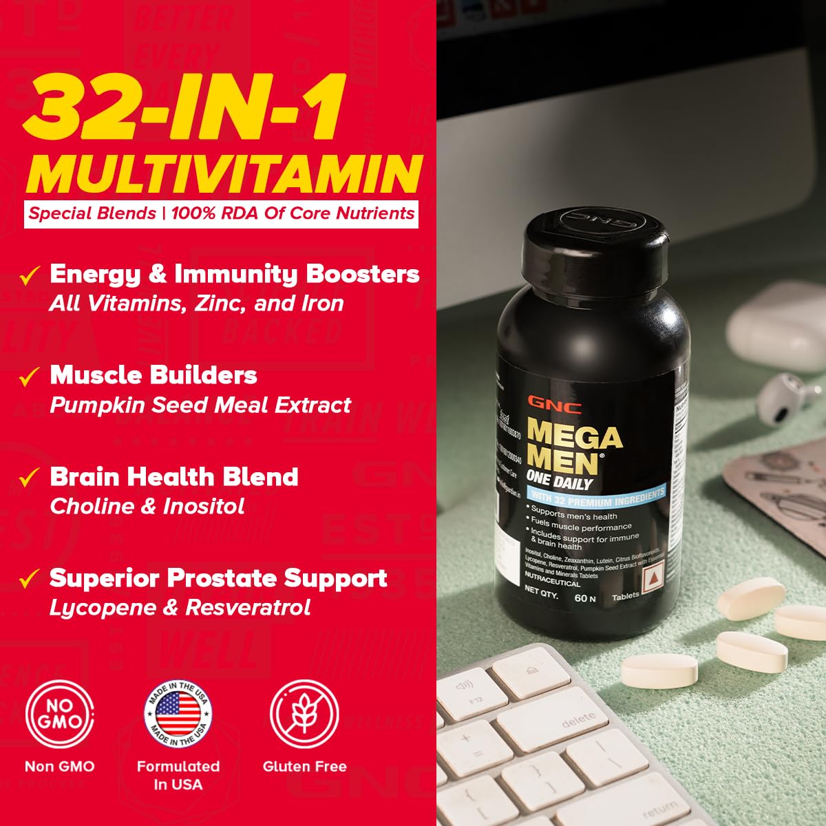 Zephivo GNC Mega Men One Daily Multivitamin | 60 Tablets | 32 Premium Ingredients | Promotes Men's Well-Being | Supports Muscle Function | Boosts Immunity | Improves Memory & Focus | Formulated In USA