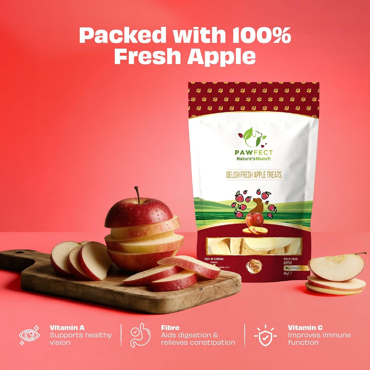 Pawfect Nature's Munch Freeze-Dried Delish Fresh Apple Treats for Dogs | Hypoallergenic Dog Treats, Grain-Free | Healthy Dog Treats (40g)