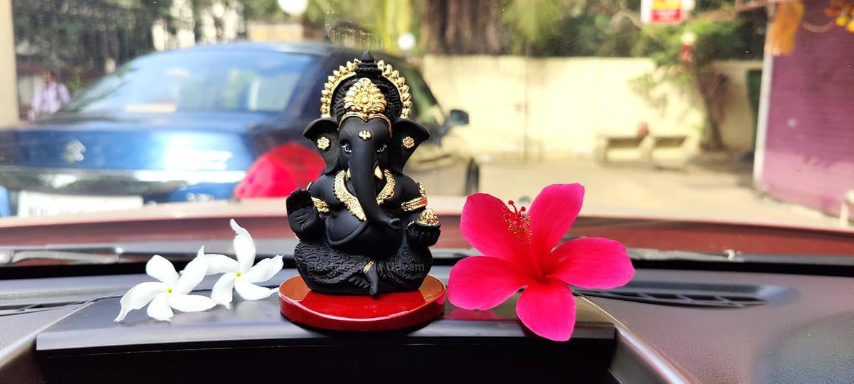 Handcrafted Poly Resin Ganesha Statue with Base - Perfect for Car Dashboard, Office Desk, Shelves, and Home Decor - Ideal Housewarming Gift! (Mukutblackwithbase)