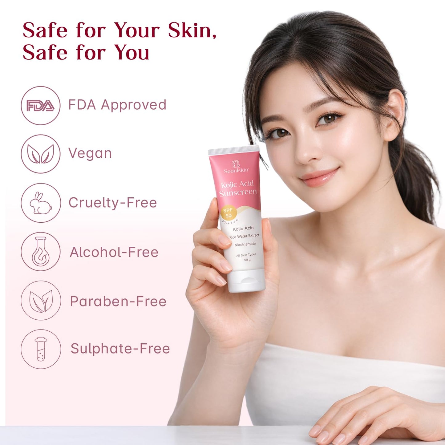 Seoulskin Kojic Acid Sunscreen SPF 50 PA ++++ | Helps Fade Dark Spots & Pigmentation | Non – Sticky & Non- Greasy | No White Cast | Broad Spectrum UVA & UVB Protection | All Skin Types | For Men & Women | Lightweight Korean Sunscreen | 50 g