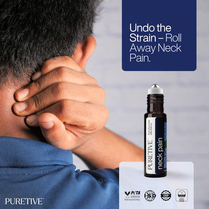 Person with neck pain using a Puretive neck pain relief product
